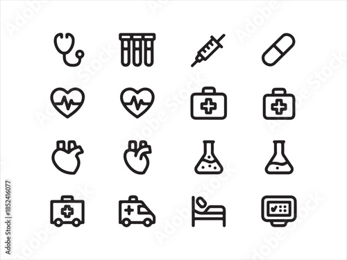 Health-related icons, medical symbols, Medicine and hospital outline icons.