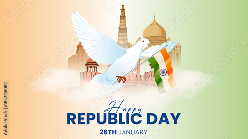  Indian Republic Day with Famous Indian Landmark and Indian Flag Poster Design Vector Illustration 