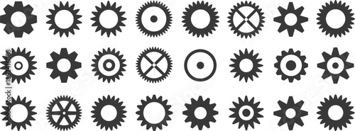 Minimal gear icons set, industrial cogwheel silhouettes collection, mechanical wheel symbols, engineering machinery elements, flat vector illustration isolated on white background