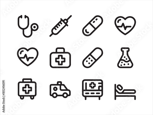 Health-related icons, medical symbols, Medicine and hospital outline icons.