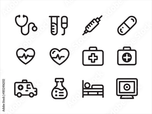 Health-related icons, medical symbols, Medicine and hospital outline icons.