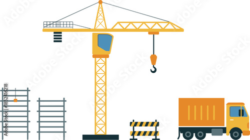 Tower crane construction site vector illustration with scaffolding truck safety barrier equipment for industrial building development infrastructure project work