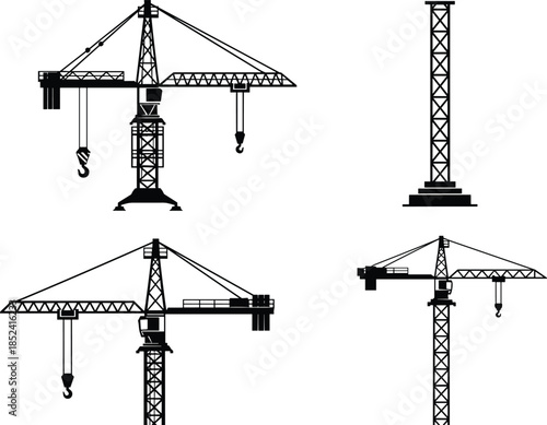 Tower crane silhouette vector illustration set, construction lifting machinery equipment icons collection for industrial building engineering and urban development design