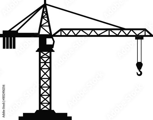 Tower crane silhouette vector illustration, heavy construction lifting machinery equipment icon for industrial building engineering projects and urban development design