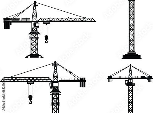Tower crane silhouette vector illustration set, construction lifting machinery equipment icons for industrial building engineering projects and modern urban development design