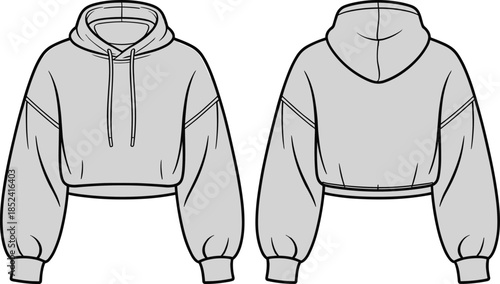 Women cropped hoodie front and back technical sketch, casual fashion apparel design, cad drawing flat vector illustration for clothing production