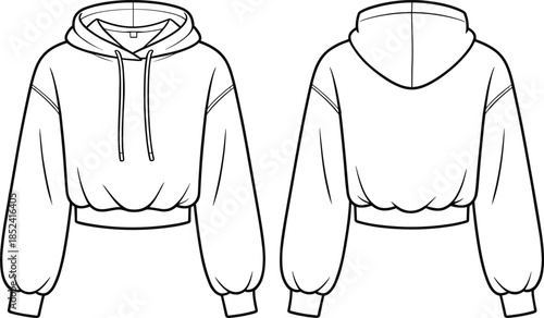 Women cropped hoodie front and back outline technical sketch, casual sweatshirt apparel design, cad drawing flat vector illustration