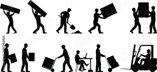 Worker activity silhouettes set, manual labor warehouse and construction tasks including lifting carrying digging and forklift handling, industrial workforce actions, flat vector illustration isolated