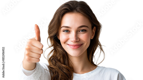 Young woman with brown hair giving a confident thumbs up gesture and smiling while wearing a white top, perfect for representing approval or success in marketing and online content.