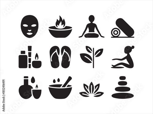 Meditation and wellness silhouette icons set, Spa Wellness Icons. Solid, filled icon set vector illustration