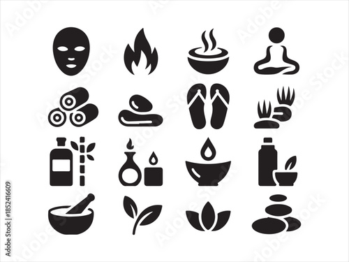 Meditation and wellness silhouette icons set, Spa Wellness Icons. Solid, filled icon set vector illustration