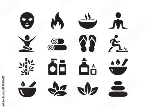 Meditation and wellness silhouette icons set, Spa Wellness Icons. Solid, filled icon set vector illustration