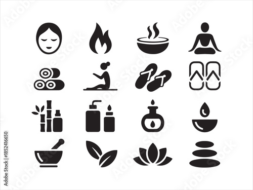 Meditation and wellness silhouette icons set, Spa Wellness Icons. Solid, filled icon set vector illustration