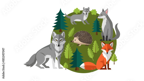 Cartoon illustration of woodland animals featuring foxes wolves and hedgehog in natural