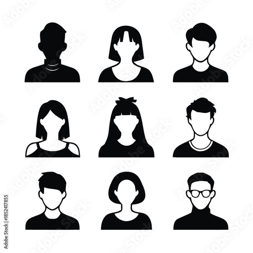 Collection of nine diverse human silhouette icons representing various genders and styles for user