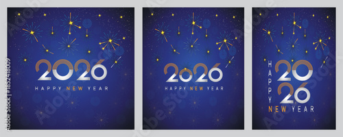  beautiful happy new year 2026 cover design with stars, firework, golden typography, night background with vector illustration.