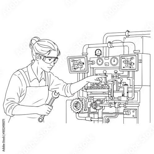 Monochrome Vector Drawing of Female Engineer with Wrench at Industrial Machine