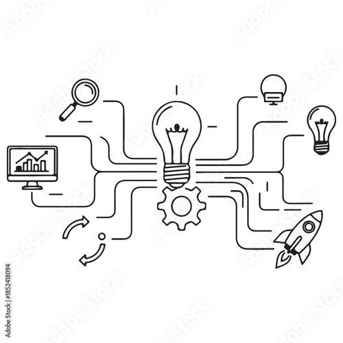 Monochrome Line Art Idea Generation Concept with Lightbulb and Network