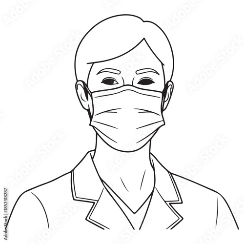 Monochrome Line Art Illustration of Medical Professional Wearing Face Mask