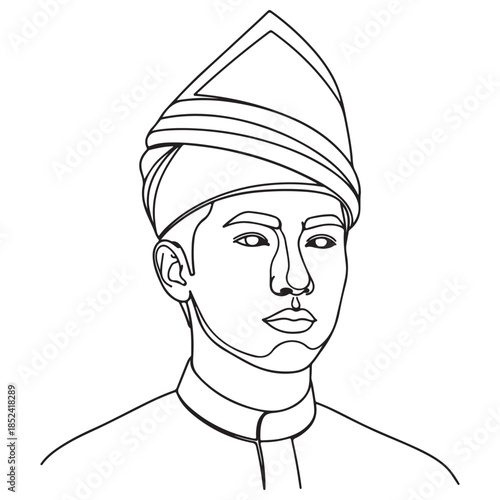 Minimalist Single Line Portrait of Traditional Man in Cultural Headwear