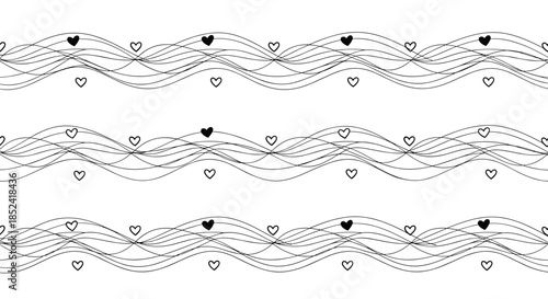 Seamless black and white pattern with hand-drawn hearts and flowing wavy dotted lines for a romantic and abstract background design.