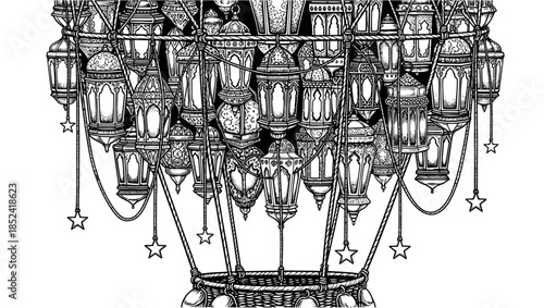 Whimsical lanterns in hot air balloon formation, line art illustration, cultural festival theme,