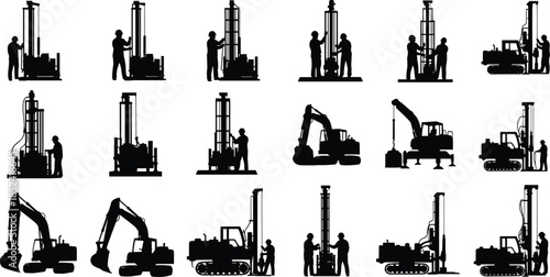 Construction drilling machine silhouettes, excavator and piling rig with workers, foundation engineering equipment set, heavy machinery illustration, industrial construction vector collection