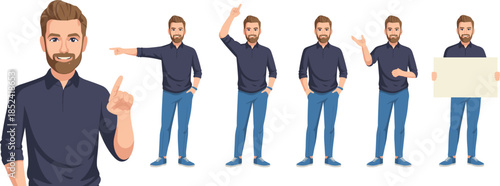 Bearded man character poses pointing presenting gestures flat vector illustration set isolated on white background for marketing design, advertising communication