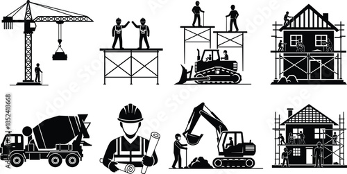 Construction site silhouettes, building workers with crane excavator scaffolding, house construction stages, heavy machinery equipment, industrial civil engineering vector illustration set