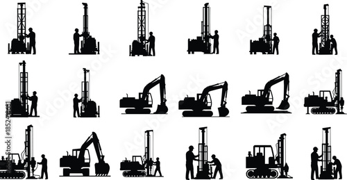 Construction drilling rig silhouettes, excavator machines with workers, foundation piling equipment set, heavy construction machinery illustration, industrial engineering vector collection