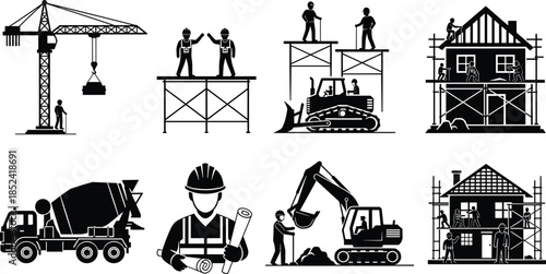 Construction site silhouettes, building workers with cranes excavators scaffolding, house construction process set, heavy machinery equipment, industrial building vector illustration collection