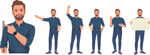 Male character vector illustration, expressive poses, casual outfit, pointing, gesturing, holding sign, cartoon man design, flat style artwork