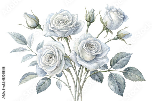 Watercolor-style illustration. Realistic rose illustration. Transparent background. Cutout. White.
