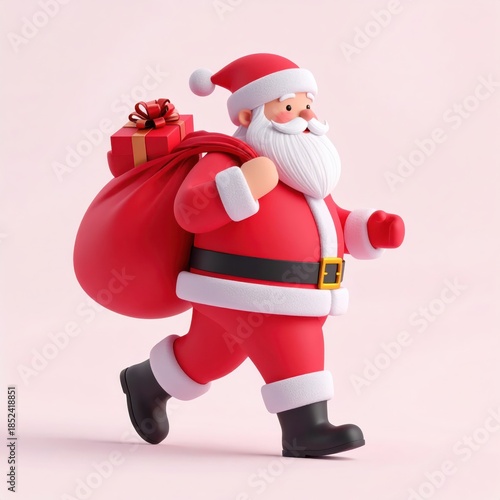 Charming 3D illustration of Santa Claus carrying a sack of gifts.