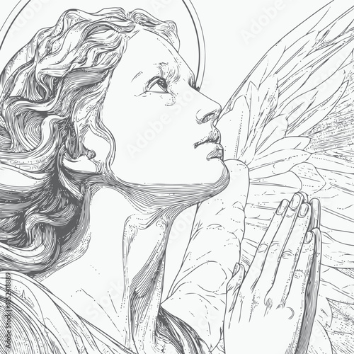 Detailed black and white sketch of a praying angel with wings and curly hair exemplifying serenity