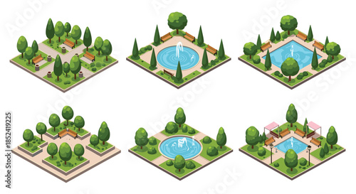 A collection of detailed isometric city park layouts featuring green spaces trees benches fountains and walking paths for urban design.