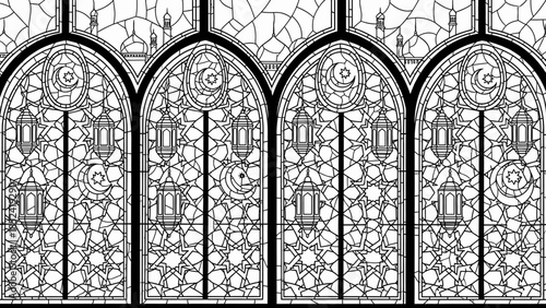 Intricate Mosque Windows and Islamic Lanterns Vector Illustration for Ramadan