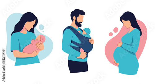 A heartwarming set of illustrations showing the journey of parenthood with a pregnant woman a mother and a father with a baby.
