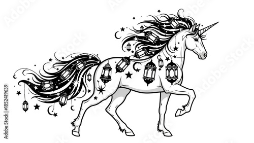 Enchanting Unicorn Illustration Adorned with Ramadan Lanterns and Celestial Motifs