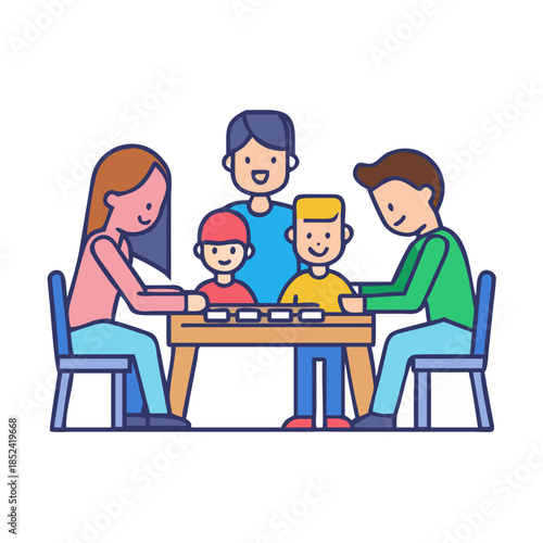 Family members play a tabletop board game together.