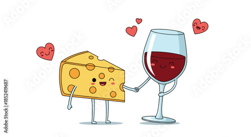 An adorable kawaii cartoon illustration of a happy cheese slice and a glass of red wine holding hands as a perfect pair.