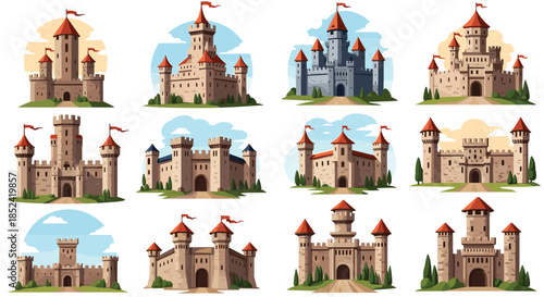 A majestic collection of various medieval fairytale castles and fortresses with tall towers flags and strong stone walls.