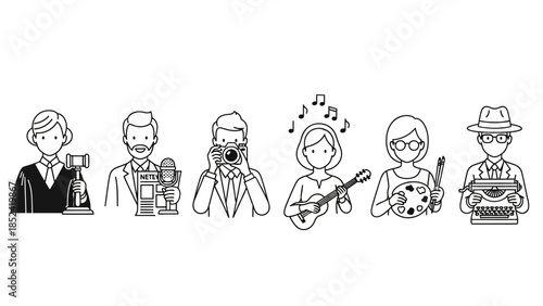 Diverse creative professions showcased in simple line art representation judges journalist