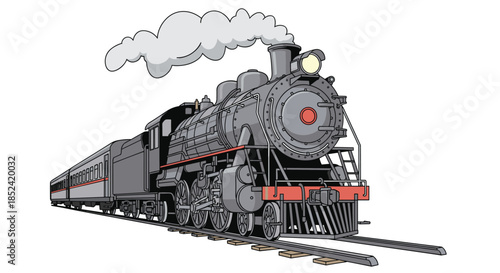 A detailed and classic illustration of a powerful black steam locomotive train with passenger cars on a railroad track.