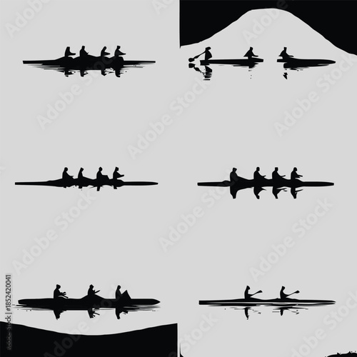 Silhouettes of Different Canoe and Kayak Paddling Groups on Water with Mountain Backgrounds