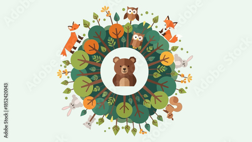 Cartoon illustration featuring forest animals surrounding a bear cub in a woodland setting
