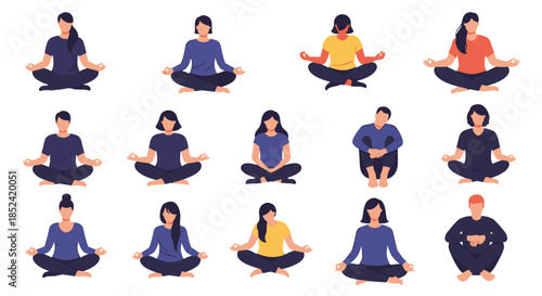 A large collection of diverse men and women practicing meditation and yoga in the lotus position for mindfulness and relaxation.