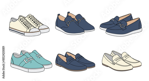 A stylish collection of classic men's casual footwear including comfortable sneakers and various elegant loafer shoe designs.