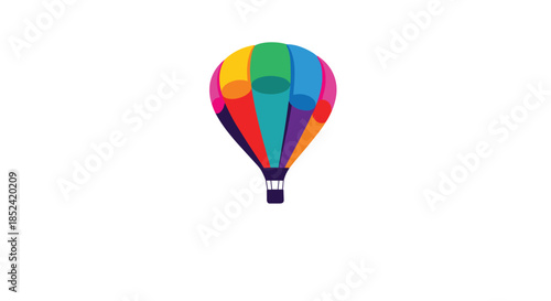 A vibrant and colorful hot air balloon with a rainbow pattern floating gracefully in the sky on a white background.