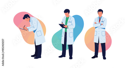 A set of three illustrations of a professional male doctor in a white lab coat in various poses including writing notes.